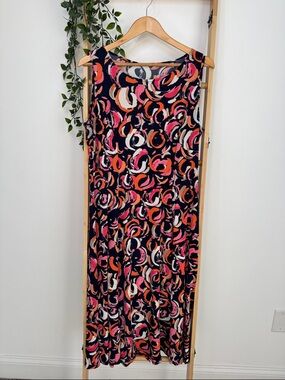 Sleeveless Printed Maxi Skirt - Navy with Pink & Orange Swirls Size 8